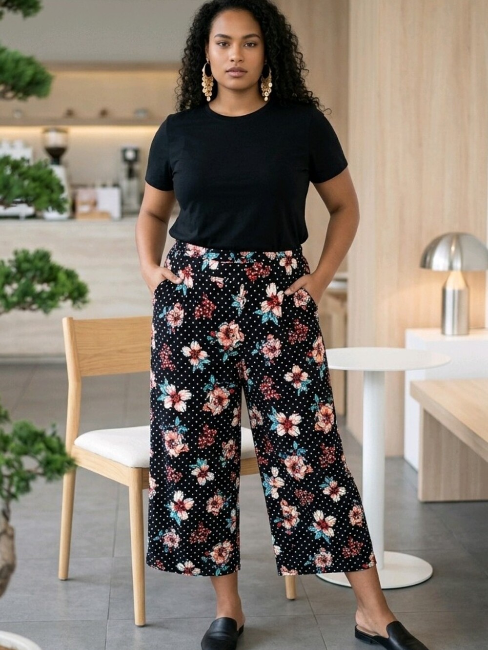 Susan Graver Liquid Knit Black Floral/Dot Wide-leg Crop Pants Size 1X